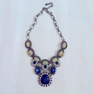 Vintage Rhinestone Blue Cabochon Necklace Statement Piece Bib Faceted Necklace